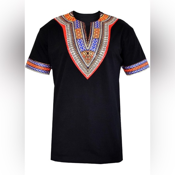 Black African Dashiki T Shirt Tribal Floral Print V Neck Slim Fit Shirts Tops​​ - Picture 3 of 5